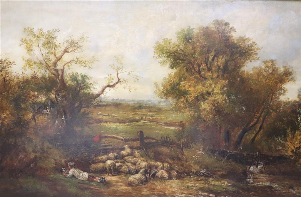 W. R. Stone (19th C.) Shepherd boy and flock in an extensive landscape 74 x 126cm